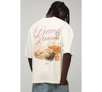 Men's Oversized Boxy French Riviera Print T-Shirt | Ecru | Size Large | BOOHOOMAN
