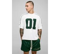 Men's Oversized Boxy Half Sleeve Varsity T-Shirt | Ecru | Size X-Large | BOOHOOMAN