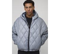 Men's Oversized Boxy High Sheen Diamond Quilted Hooded Funnel Puffer Jacket | Grey | Size Large | boohooMAN