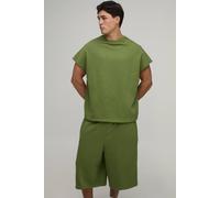 Men's Oversized Boxy Loopback Cap Sleeve T-Shirt and Jorts Set | Olive | Size X-Small | BOOHOOMAN