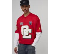 Men's Oversized Boxy Mesh Faux Layer Applique Hockey Top | Red | Size 4X-Large | BOOHOOMAN