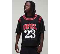 Men's Oversized Boxy Mesh OFCL 23 Printed T-Shirt | Black | Size 5X-Large | BOOHOOMAN