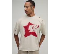 Men's Oversized Boxy Ofcl Star Distressed T-Shirt | Stone | Size 2X-Large | BOOHOOMAN