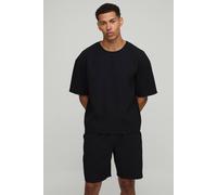 Men's Oversized Boxy Pleated T-Shirt and Relaxed Fit Mid-Length Short Set | Black | Size X-Small | BOOHOOMAN