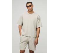 Men's Oversized Boxy Pleated T-Shirt and Relaxed Fit Mid-Length Short Set | Stone | Size Small | BOOHOOMAN