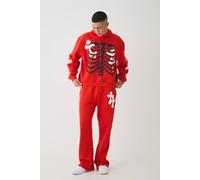 Men's Oversized Boxy Skeleton Puff Print Cross Hoodie | Red | Size X-Small | BOOHOOMAN