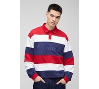 Mens Oversized Boxy Stripe Embroidered Rugby Polo, Red L