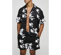 Men's Oversized Boxy Viscose Printed Shirt & Swim Set | Black | Size Large | BOOHOOMAN