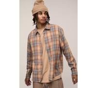 Men's Oversized Brushed Check Curved Hem Shirt | Stone | Size 2X-Large | BOOHOOMAN
