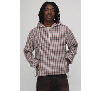 Men's Oversized Check Quarter Over The Head Over Shirt | Ecru | Size Large | BOOHOOMAN