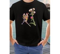 Men's Oversized European Goldenfinch Graphic Black Casual Crew Neck Tee with Colorful Bird & Floral Design T Shirt