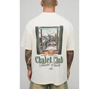 Men's Oversized Extended Neck Chalet Mountain Alps Landscape T-Shirt | Ecru | Size Medium | BOOHOOMAN
