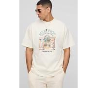 Men's Oversized Extended Neck Mykonos Paradise Island Printed T-Shirt | Ecru | Size Large | BOOHOOMAN