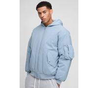 Men's Oversized Fit PU Applique Nylon Hooded Bomber Jacket | Slate Blue | Size Medium | BOOHOOMAN