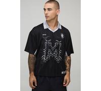Men's Oversized Grunge Varsity Rhinestone Mesh V Neck T-Shirt | Black | Size 4X-Large | BOOHOOMAN