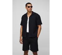 Men's Oversized Jumbo Waffle Revere Shirt and Shorts Set | Black | Size X-Small | BOOHOOMAN