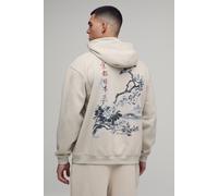 Men's Oversized Kyoto Bird Print Hoodie | Stone | Size Medium | BOOHOOMAN