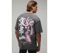 Men's Oversized Kyoto Print Exposed Seam T-Shirt | Charcoal | Size 4X-Large | BOOHOOMAN