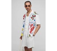 Men's Oversized Linen Blend Conversational Printed Shirt & Short Set | Natural | Size Large | BOOHOOMAN