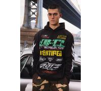 Men's Oversized Moto Print Hoodie | Black | Size 2X-Large | BOOHOOMAN