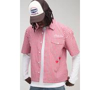 Men's Oversized Pocket Detail Micro Check Boxy Shirt | Red | Size 2X-Large | BOOHOOMAN