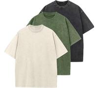 Men's Oversized T-Shirts Cotton Unisex Short Sleeves Casual Loose Wash Solid Basic Tee Tops（Black+Green+Apricot-S）