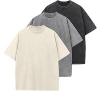 Men's Oversized T-Shirts Cotton Unisex Short Sleeves Casual Loose Wash Solid Basic Tee Tops（Black+Grey+Apricot-M）