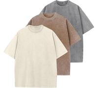 Men's Oversized T-Shirts Cotton Unisex Short Sleeves Casual Loose Wash Solid Basic Tee Tops（Grey+Coffee+Apricot-M）