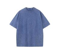 Men's Oversized T-Shirts Cotton Unisex Short Sleeves Casual Loose Wash Solid Basic Tee Tops（TBlue L）