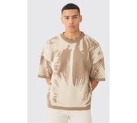 Men's Oversized Tonal Abstract Drawing Knitted T-Shirt | Taupe | Size Small | BOOHOOMAN