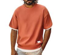 Men's Oversized Waffle Knit T-Shirt Contrasting Color Striped Trim Crew Neck Short Sleeve Lightweight Breathable Tee Shirt Casual Summer Workout Loose Fit Top (Orange, XXXL)