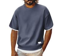 Men's Oversized Waffle Knit T-Shirt Contrasting Color Striped Trim Crew Neck Short Sleeve Lightweight Breathable Tee Shirt Casual Summer Workout Loose Fit Top (Dark Gray, XL)