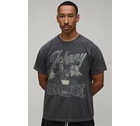Men's Oversized Washed Johnny Cash Print T-Shirt | Washed Charcoal | Size Large | BOOHOOMAN