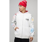 Men's Oversized Zip Through Doodle Sleeve Printed Hoodie | Ecru | Size Small | BOOHOOMAN
