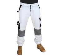 Mens Painter White Work Trousers Jogger Style Multi Pocket Decorators Cargo Safety Trousers Pants (MJ1-WHITE, S)