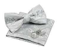Men's Paisley Bow Tie, Hanky and Cufflinks Set (Silver)(Size: One Size)