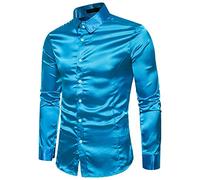 Mens Paisley Satin Dress Shirts Regular Fit Silk Casual Long Sleeve Dance Party Shirt Wrinkle Mens Tuxedo Shirt(Blue,Medium)