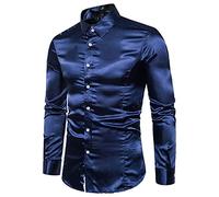 Mens Paisley Satin Dress Shirts Regular Fit Silk Casual Long Sleeve Dance Party Shirt Wrinkle Mens Tuxedo Shirt(Navy,XX-Large)