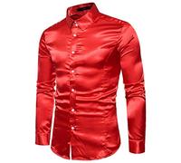 Mens Paisley Satin Dress Shirts Regular Fit Silk Casual Long Sleeve Dance Party Shirt Wrinkle Mens Tuxedo Shirt(Red,Large)
