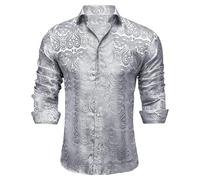 Men's Paisley Shirt Long Sleeve Satin Floral Pattern Shirt for Men Jacquard Embroidery Business Shirt Casual Shirt for Wedding Party Prom Regular Fit, White, 6XL