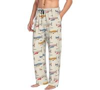 Mens Pajama Pants Bottoms With Pockets- Striped Vintage Planes Soft Men Lounge Pants, Comfy Mens Pj Pants, Black, S