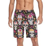 Men's Pajama Pants, Lounge Shorts, Novelty Pj Bottoms with Pockets Drawstring, Sugar Skulls With Flowers on Black, Large
