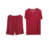 Men's Pajama Set Summer Short Sleeve Sleepwear Shirt hidden Drawstring Shorts PJ Set 2 Piece Lounge Wear Loungewear (Color : Red roundneck, Size : 4XL)