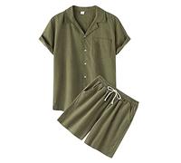 Men's Pajamas Set Short Sleeve Button Down Sleepwear Shorts Loungewear Outfits Tracksuits with Pockets(Army Green,Large)