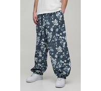 Men's Parachute Fit Floral Print Nylon Track Pants | Grey | Size Medium | BOOHOOMAN