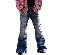 Men's Patched Flared Leg Hip Hop Jeans Loose Fit Vintage Casual Denim Pants Patchwork Bell Bottom Classic Jeans, Blue, Medium