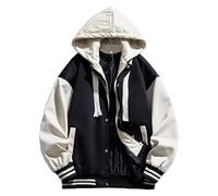 Men's Patchwork Baseball Hood Jacket Casual Slim Fit Hoodie Varsity Coats Color Block Button Bomber Jackets, Black, 3XL