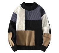 Mens Patchwork Knitted Pullovers O Neck Casual Streetwear Long Sleeve Colorblock Jumper Black Collar XXXL