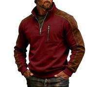 Men's Patchwork Stand Collar 1/4 Zip Up Sweatshirts with Pocket, Casual Trendy Long Sleeve Jumpers for Men Fall and Winter Outdoors Lightweight Cosy Pullover Workout Tops (Red, M)