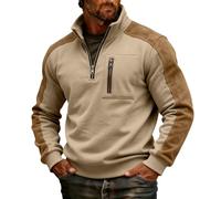 Men's Patchwork Stand Collar 1/4 Zip Up Sweatshirts with Pocket, Casual Trendy Long Sleeve Jumpers for Men Fall and Winter Outdoors Lightweight Cosy Pullover Workout Tops (Beige, S)